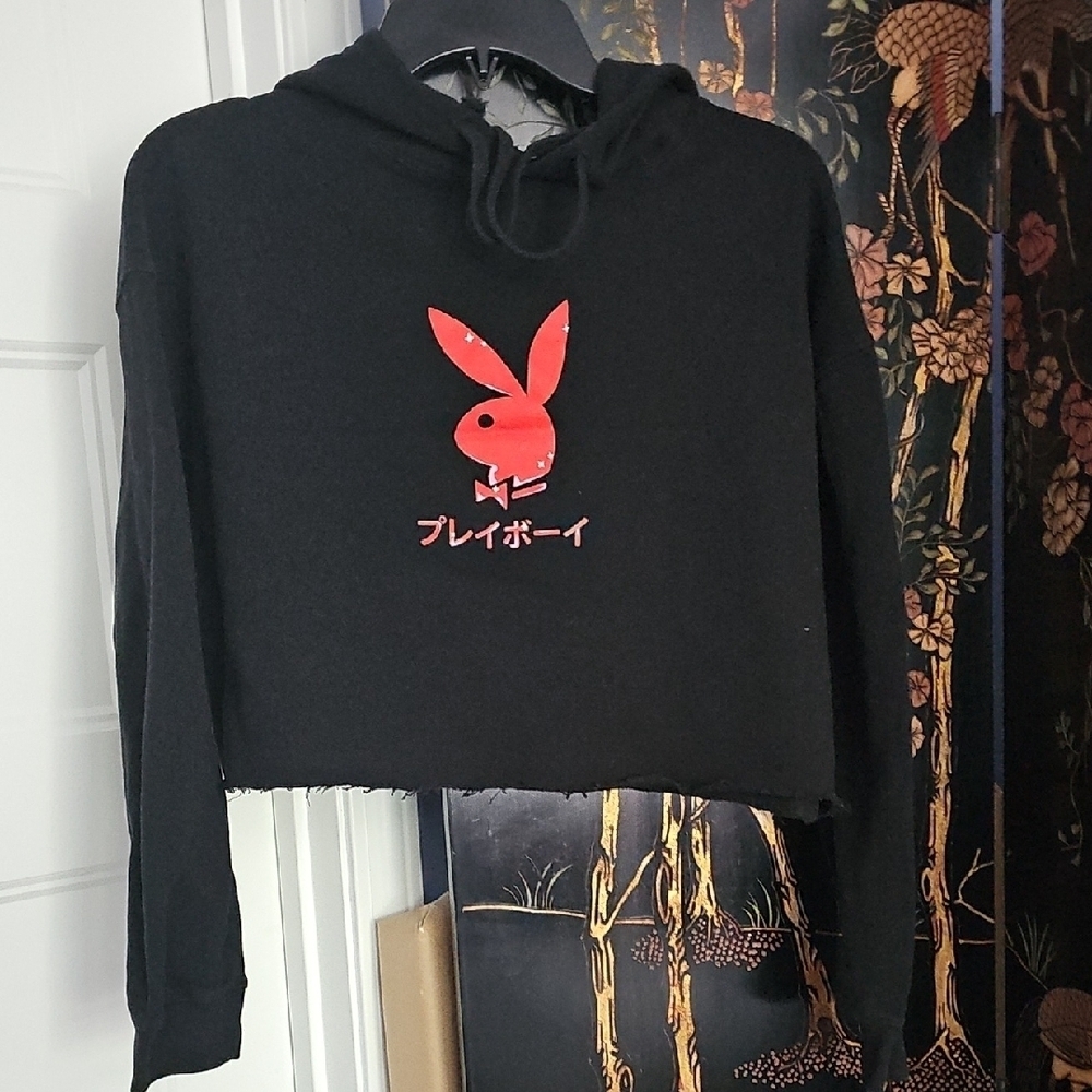 PLAYBOY Black Cropped Hoodie with Japanese Bunny Logo